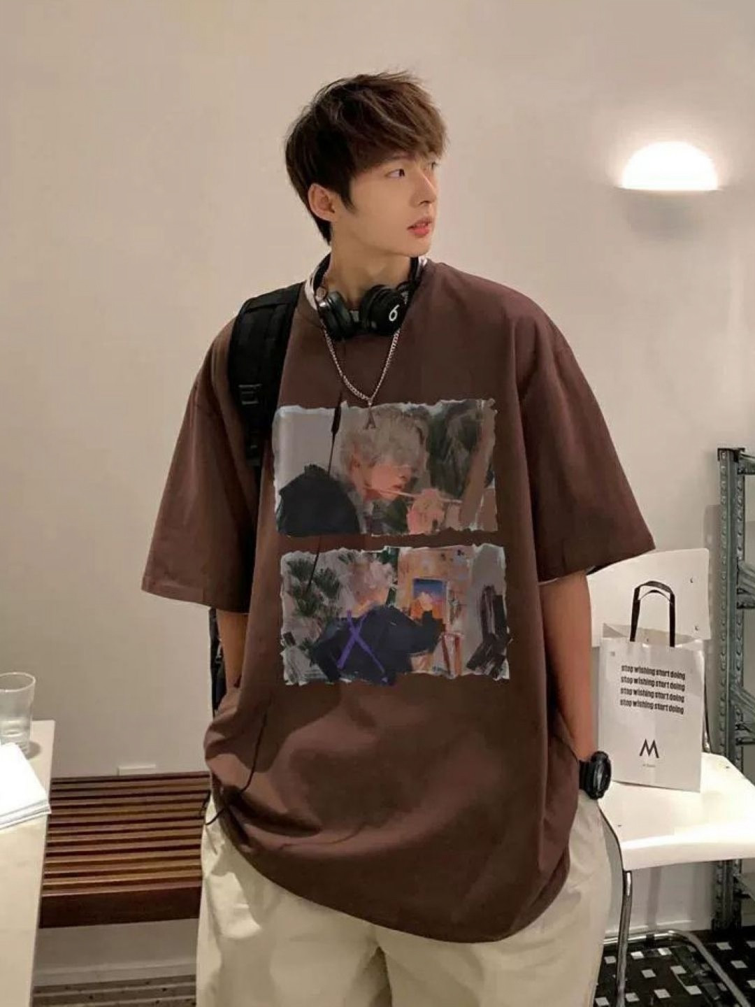 

HERE&NOW Men Graphic Printed Round Neck Cotton Oversized T-shirt, Brown