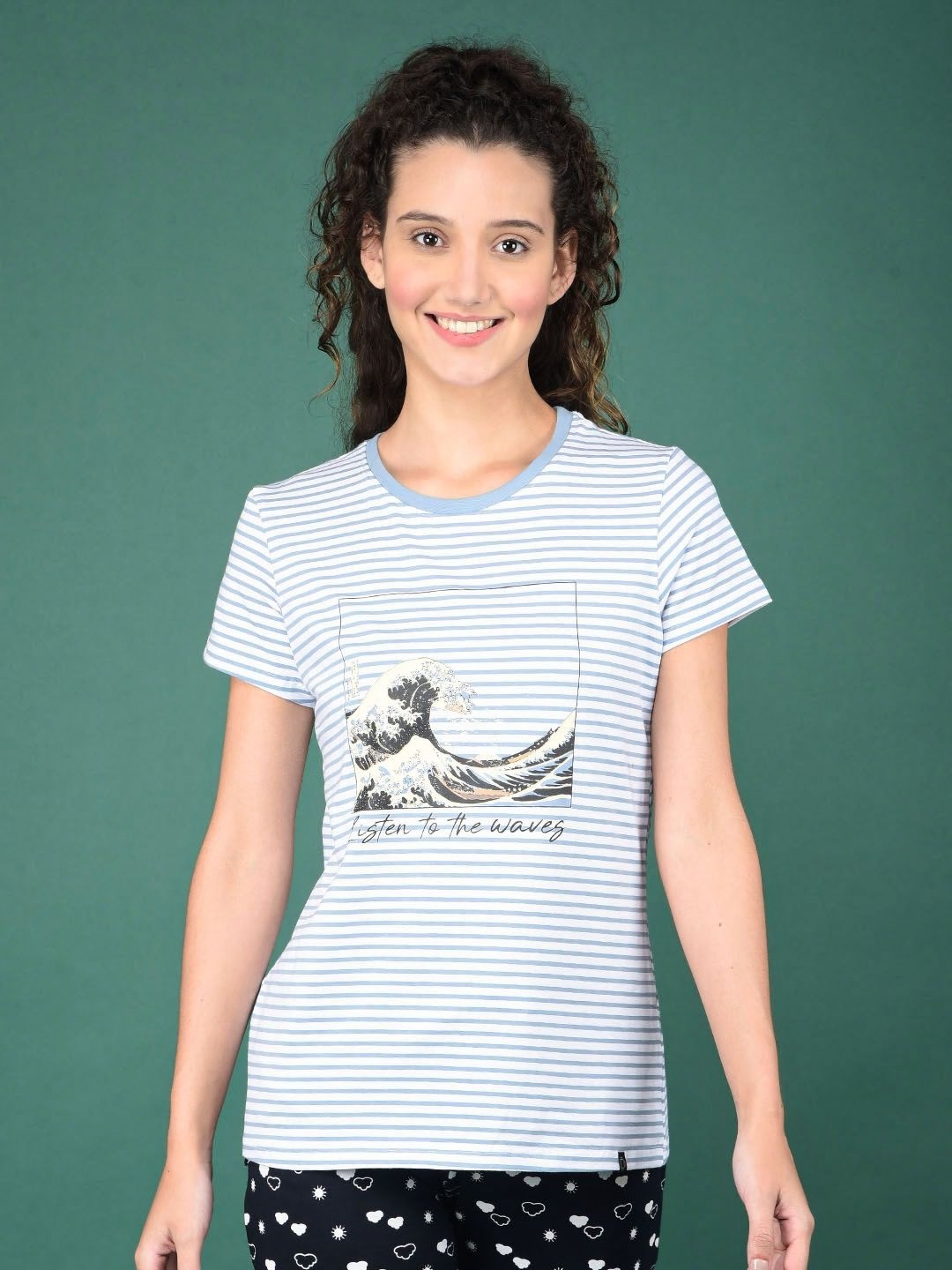 

Dollar Women athleisure Striped Round Neck Cotton Casual T-shirt, White
