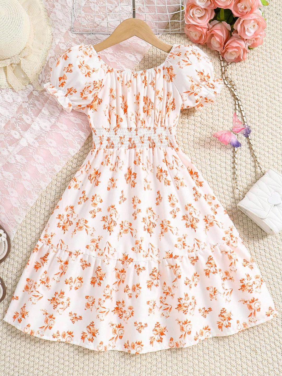 

Miss & Chief Girls Floral Printed Puff Sleeve Smocked Fit & Flare Midi Dress, White