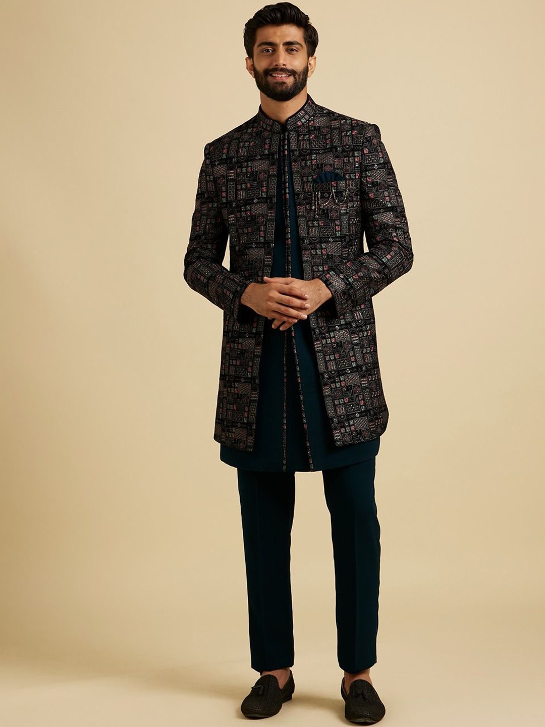 

Manyavar Men Sequin Work Indo western Sherwani Set, Blue