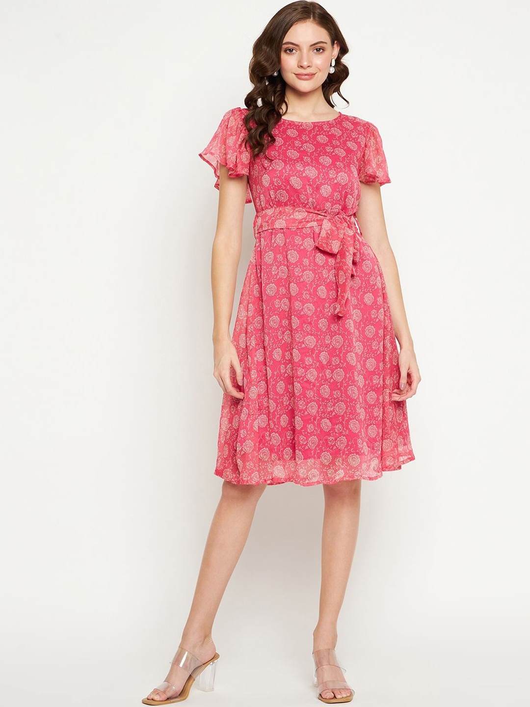 

DressBerry Floral Printed Flutter Sleeve Crepe A-Line Dress, Pink