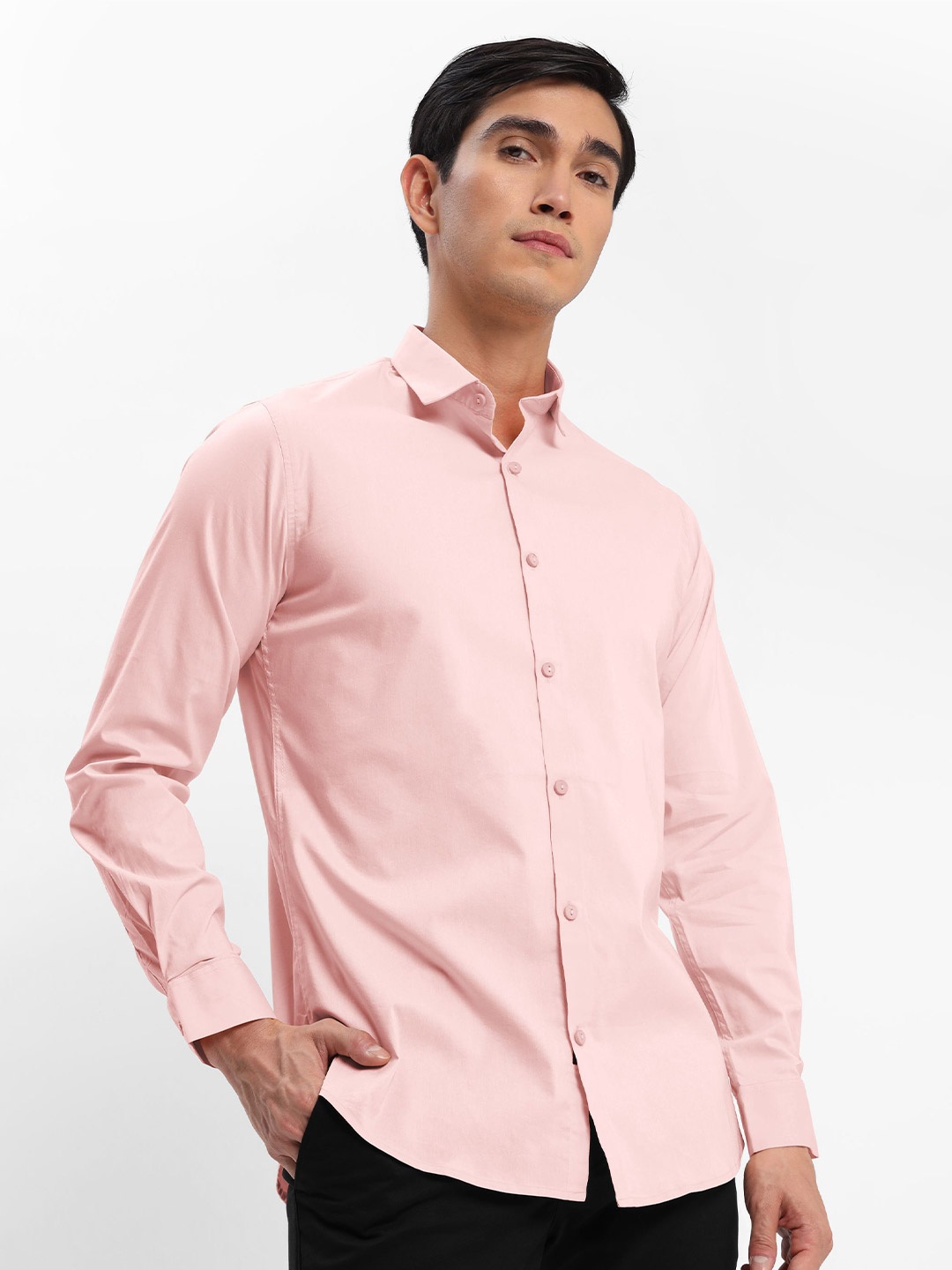 

Beyoung Men Spread Collar Solid Cotton Slim Fit Casual Shirt, Pink