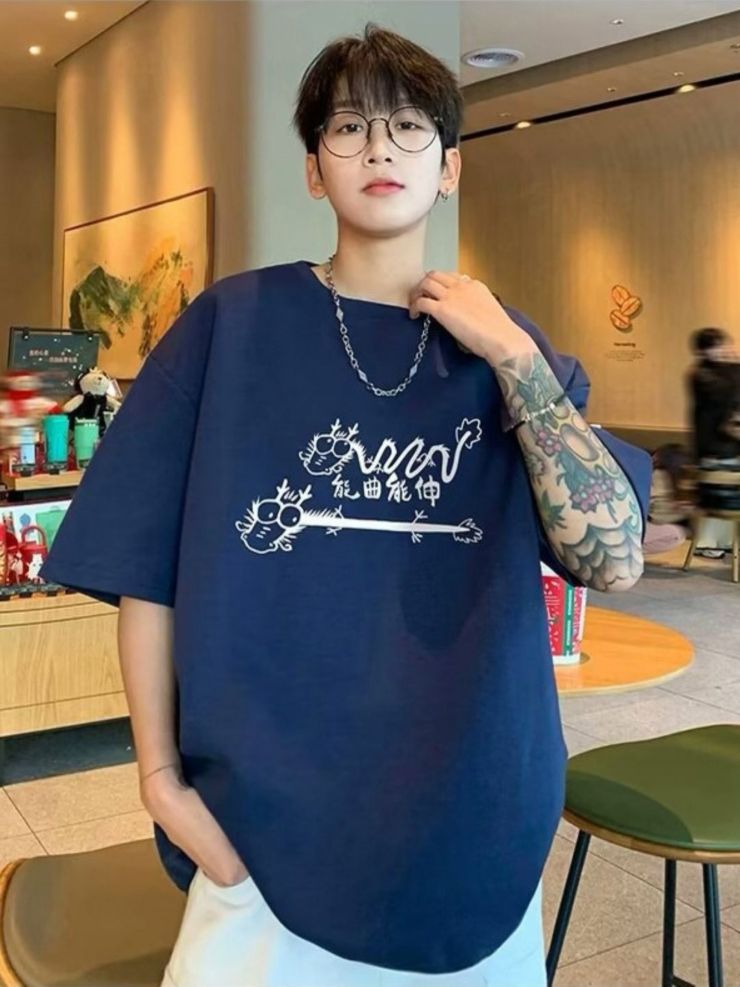 

HERE&NOW Men Graphic Printed Round Neck Oversized T-shirt, Navy blue