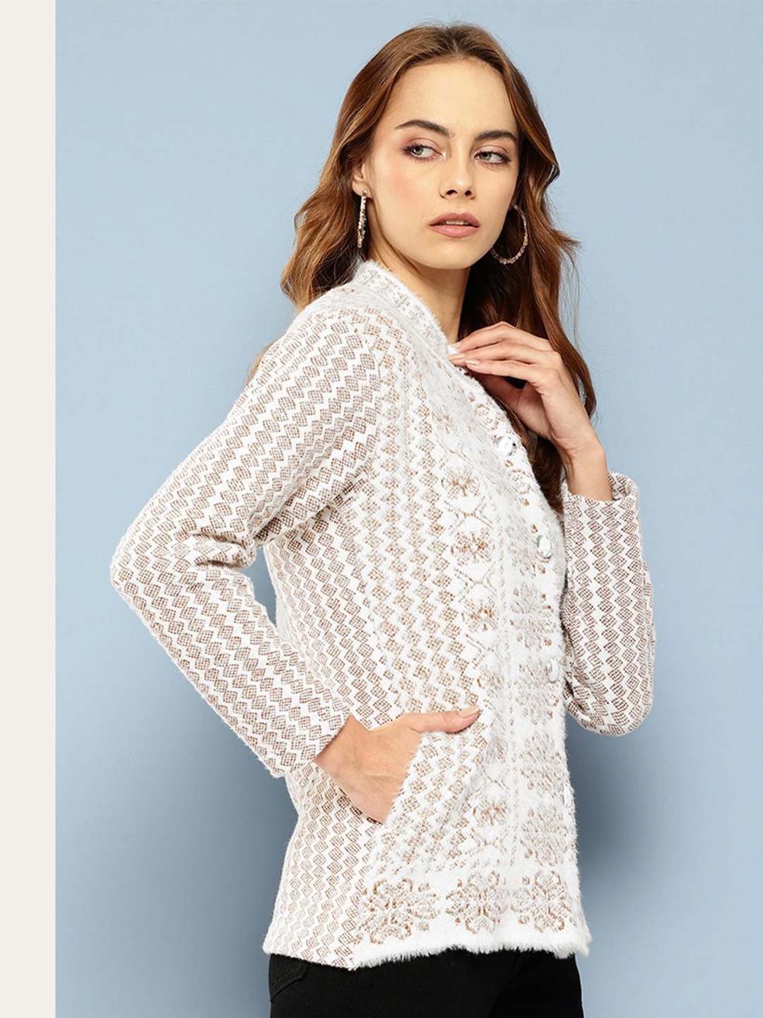 

BAESD Women Ethnic Motifs Printed Woollen Cardigan, White