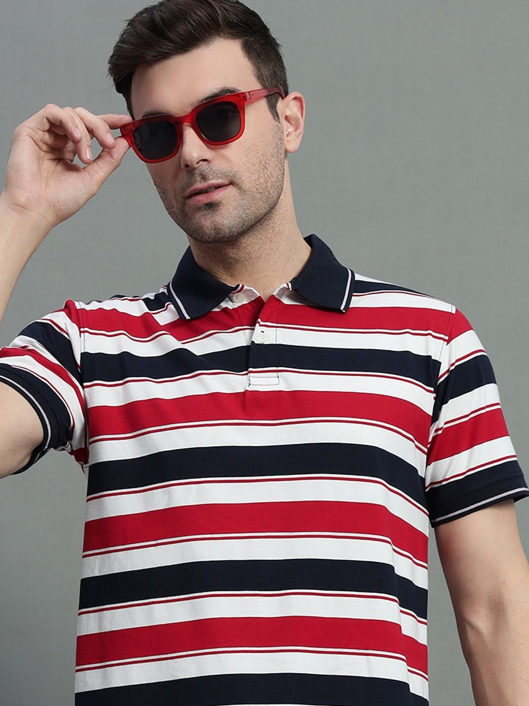

GET GOLF Men Striped Polo Collar Cotton T-shirt, Red