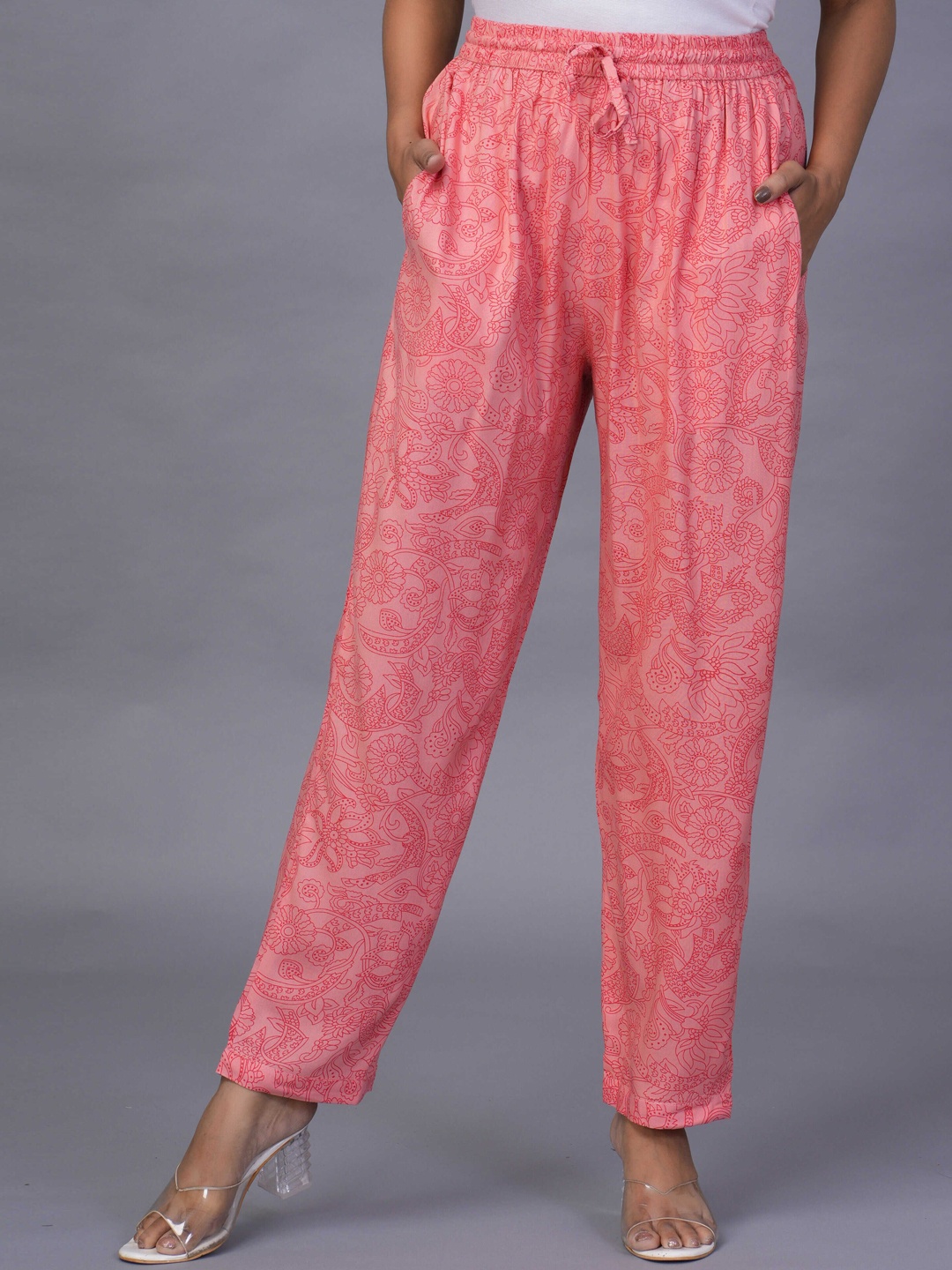 

KALINI Women Textured Printed Regular Fit Mid-Rise Trousers, Pink