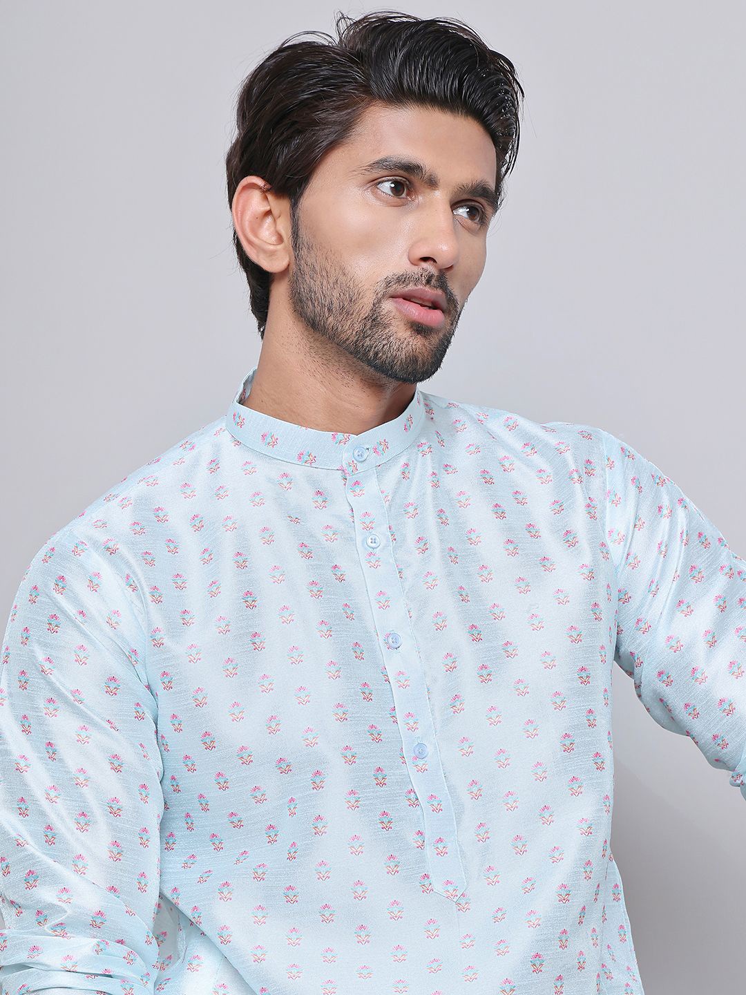 

Jompers Floral Printed Mandarin Collar Silk Cotton Straight Kurta with Pyjamas, Turquoise blue