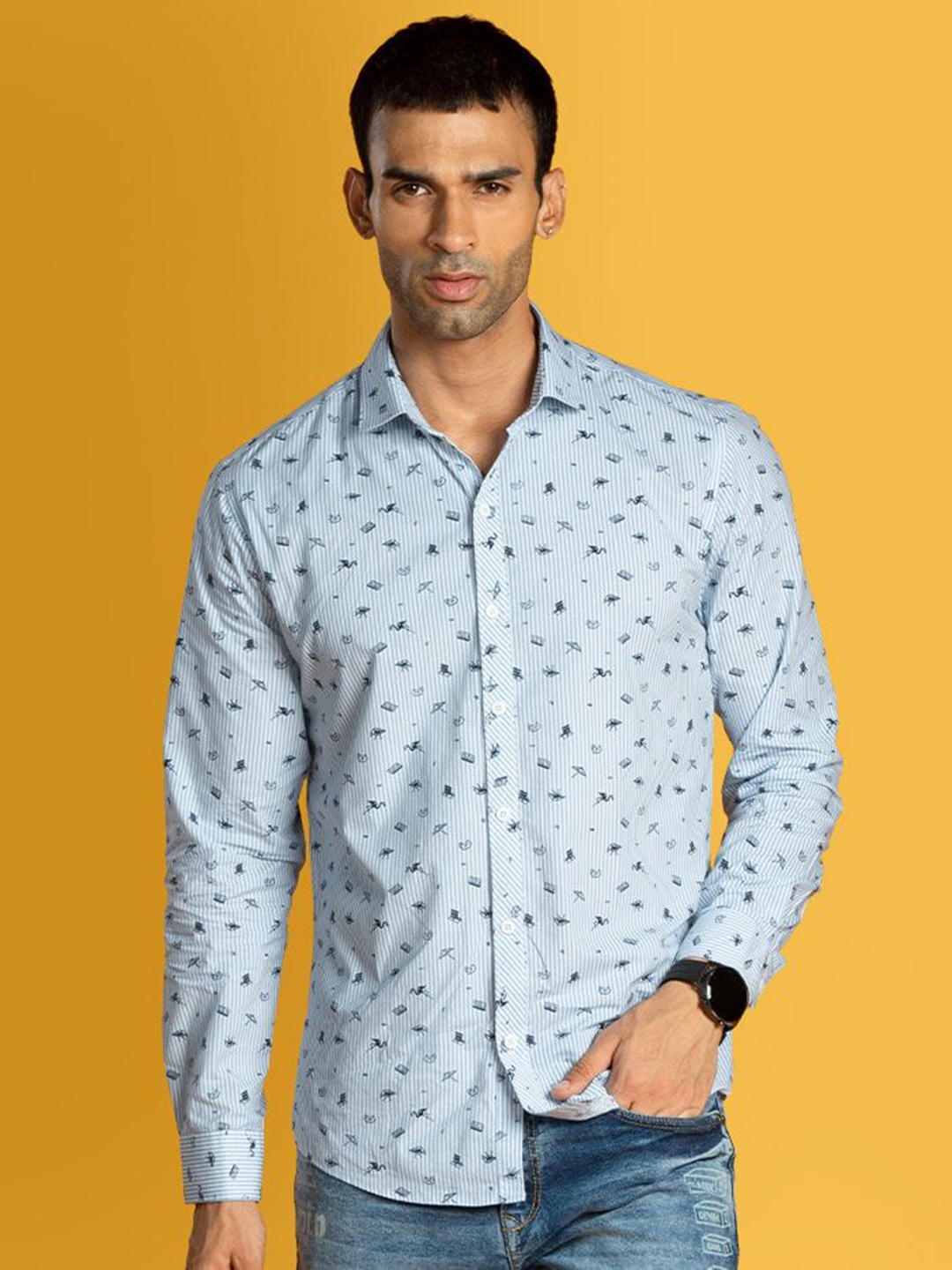 

Beyoung Men Spread Collar Conversational Printed Cotton Slim Fit Casual Shirt, Blue