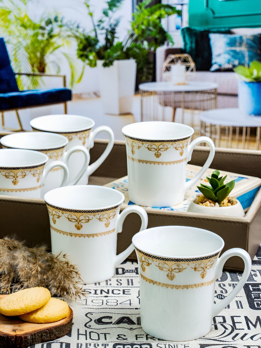 

SONAKI White & Blue 6 Pieces Printed Mugs 180ml