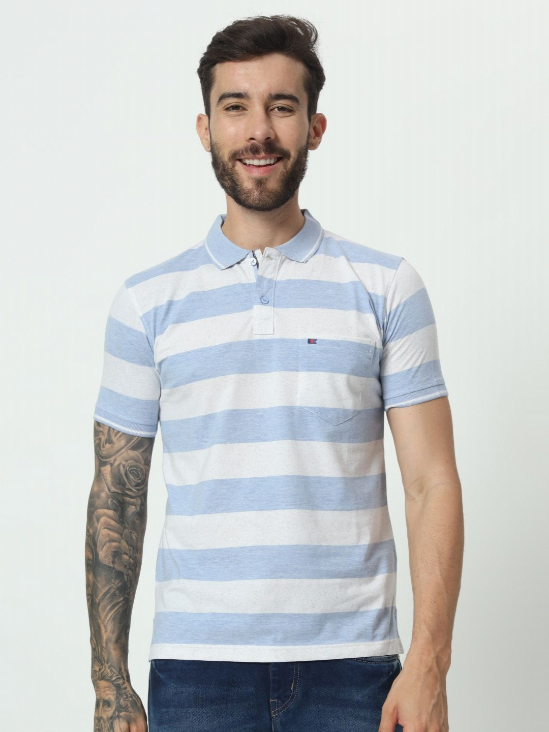 

TAB91 Men Striped Polo Collar Cotton T-shirt, Blue