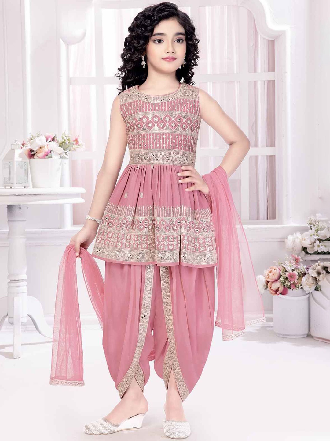 

Lagorii Girls Ethnic Motifs Printed Kurti with Dhoti Pants & Dupatta, Peach