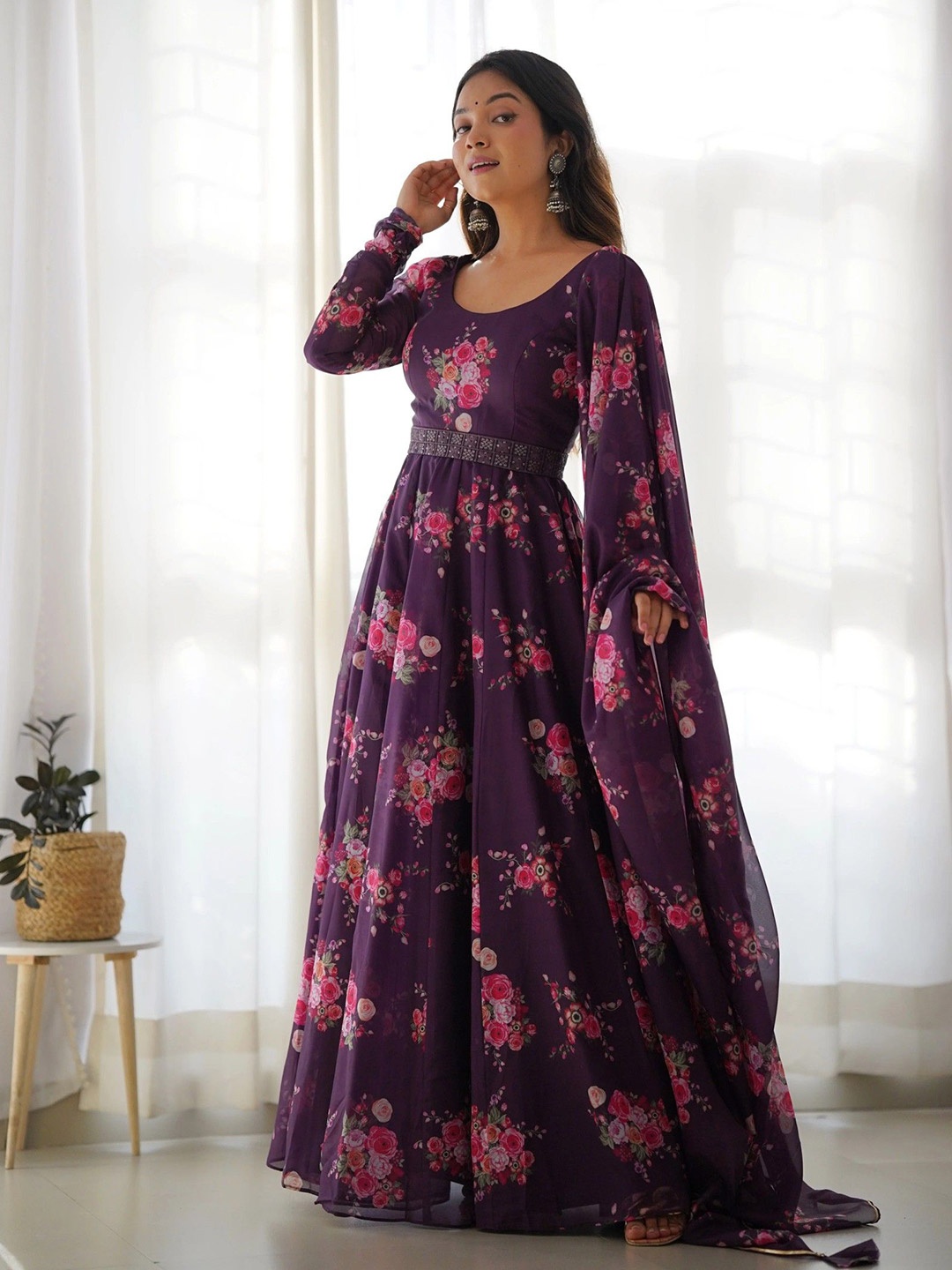 

Femvy Floral Printed Ethnic Maxi Dress, Purple