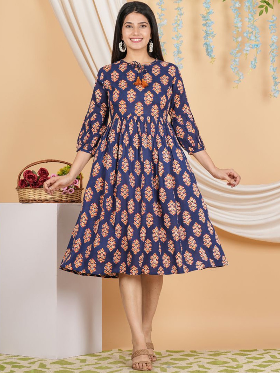 

KALINI Floral Printed Round Neck Three-Quarter Sleeves Ethnic Dress, Navy blue