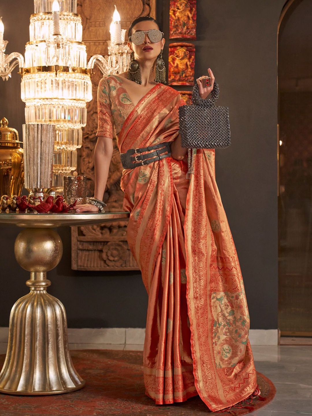 

ODETTE Ethnic Motifs Zari Silk Blend Saree, Orange