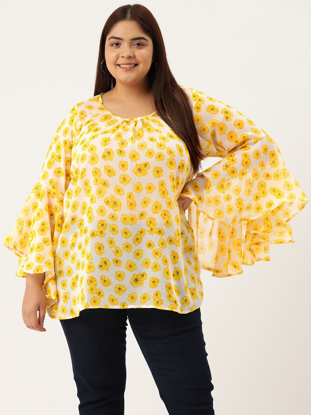 

theRebelinme Women Plus Size Floral Printed Bell Sleeves Longline Top, Yellow