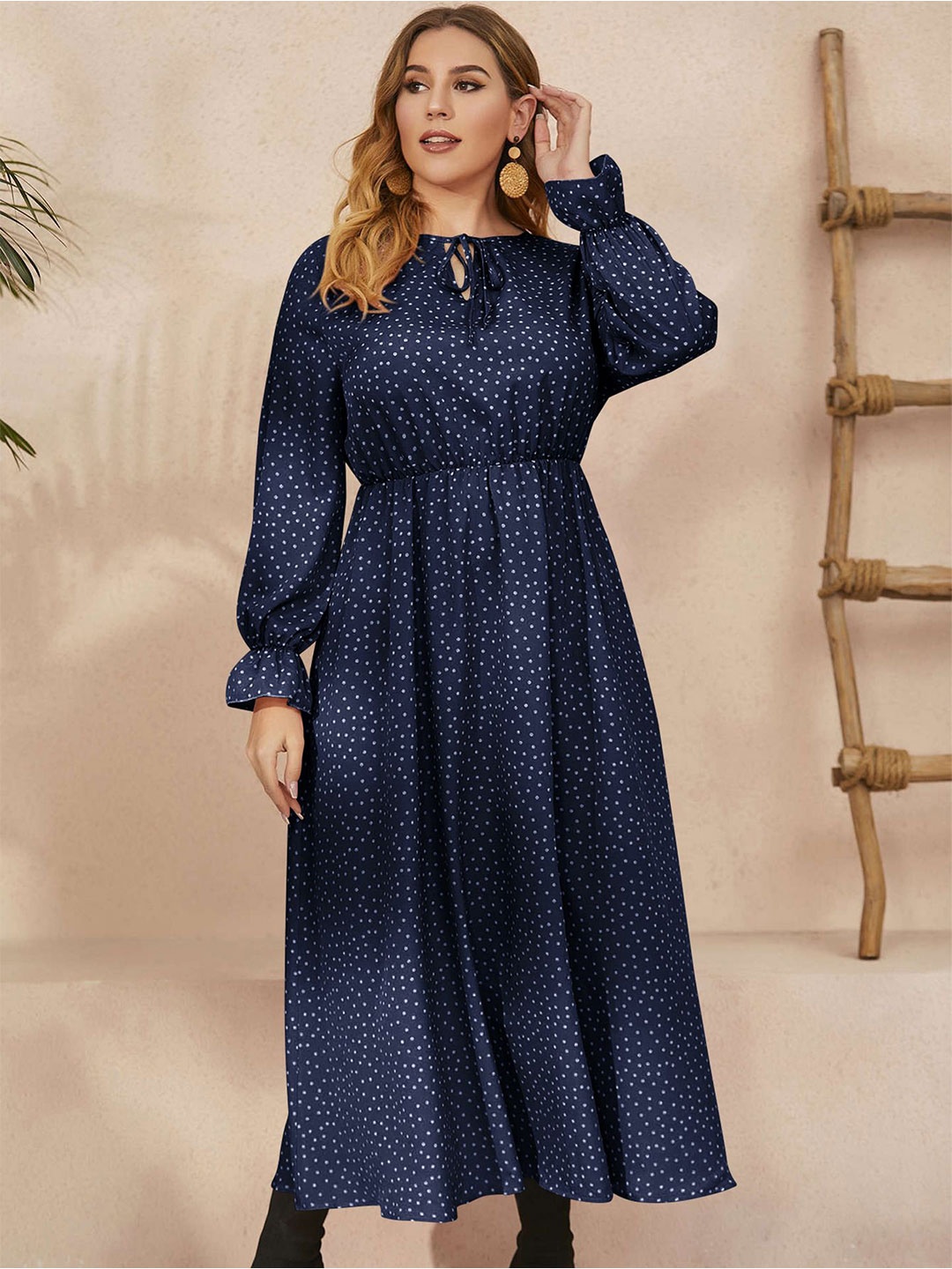 

StyleCast Curve Women Polka Dots Printed Fit and Flare Maxi Dress, Navy blue