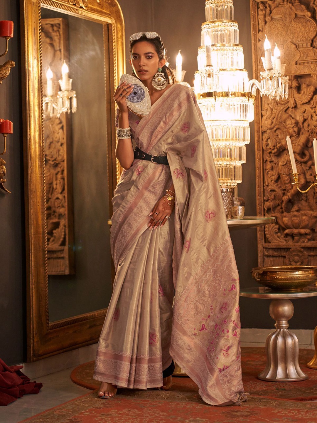 

ODETTE Woven Design Zari Silk Blend Saree, Off white