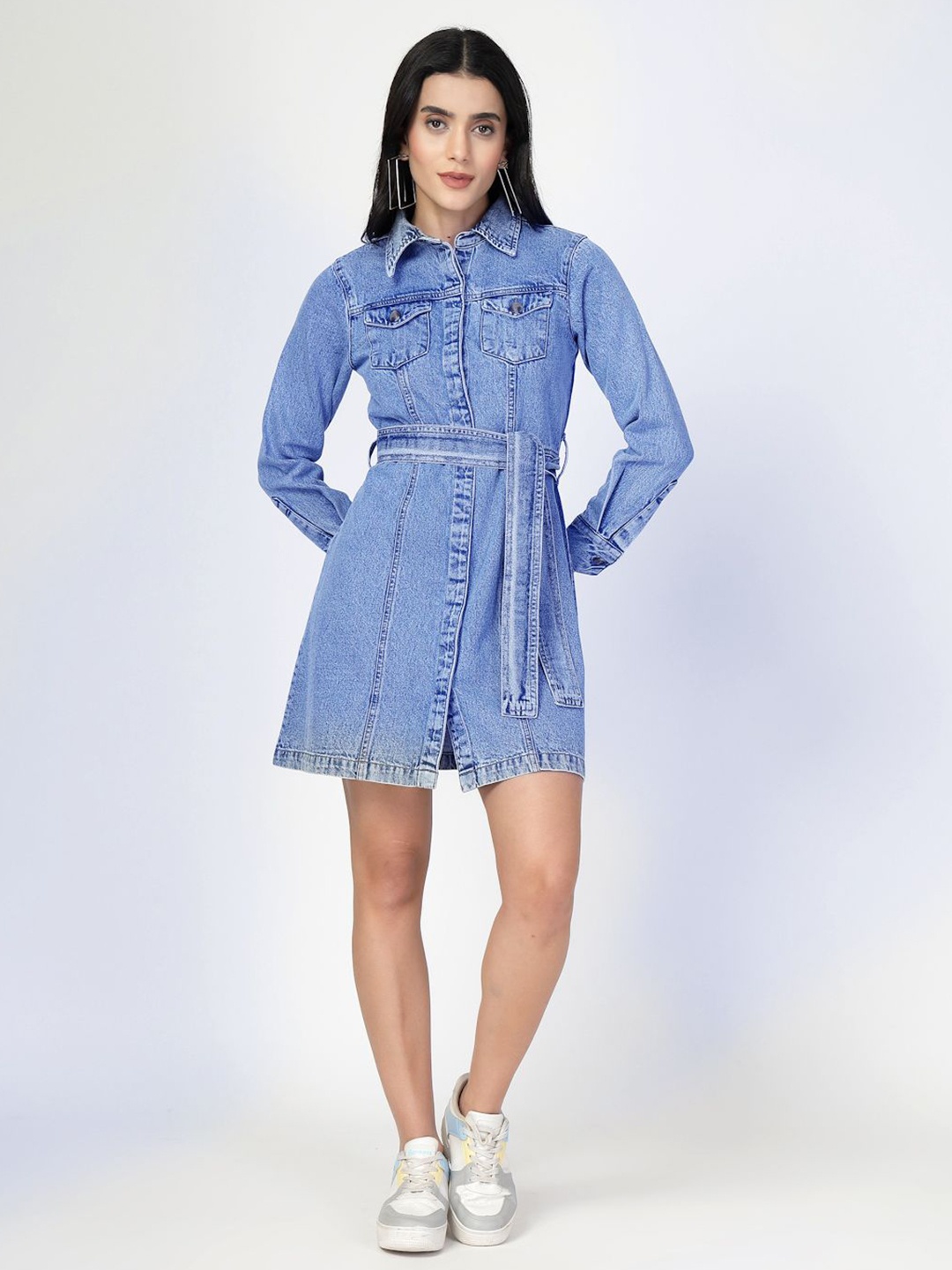 

COSMIC TRIO Women Pure Cotton Shirt Collar Denim Shirt Dress, Blue