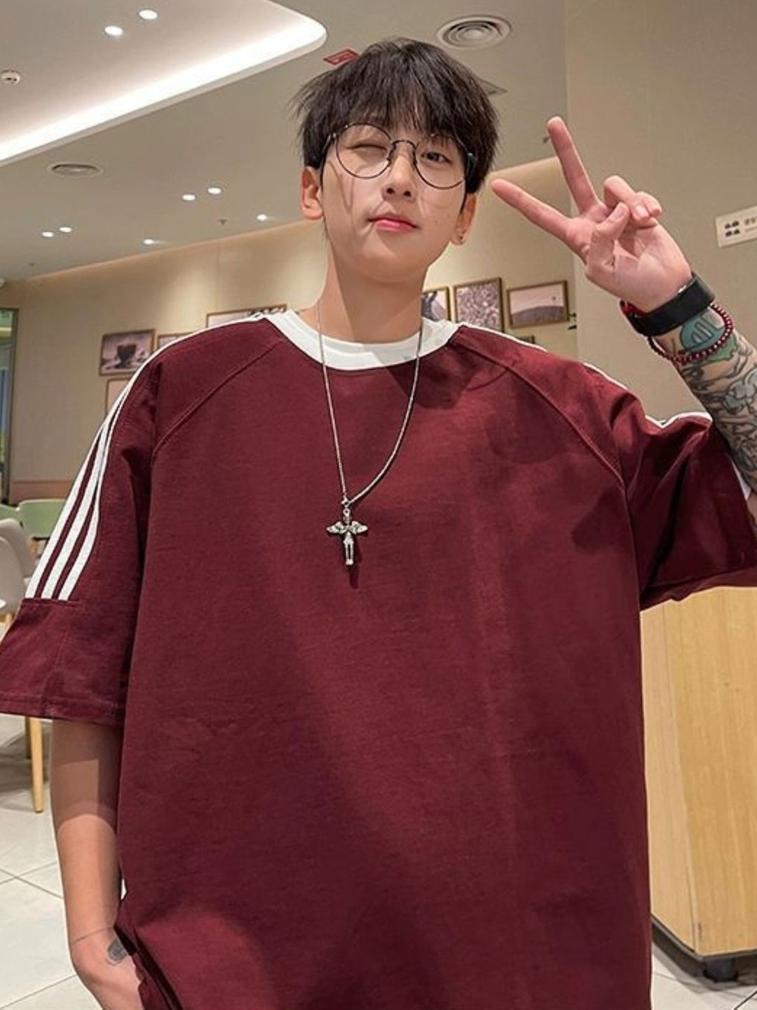 

HERE&NOW Men Striped Round Neck Cotton Oversized T-shirt, Red