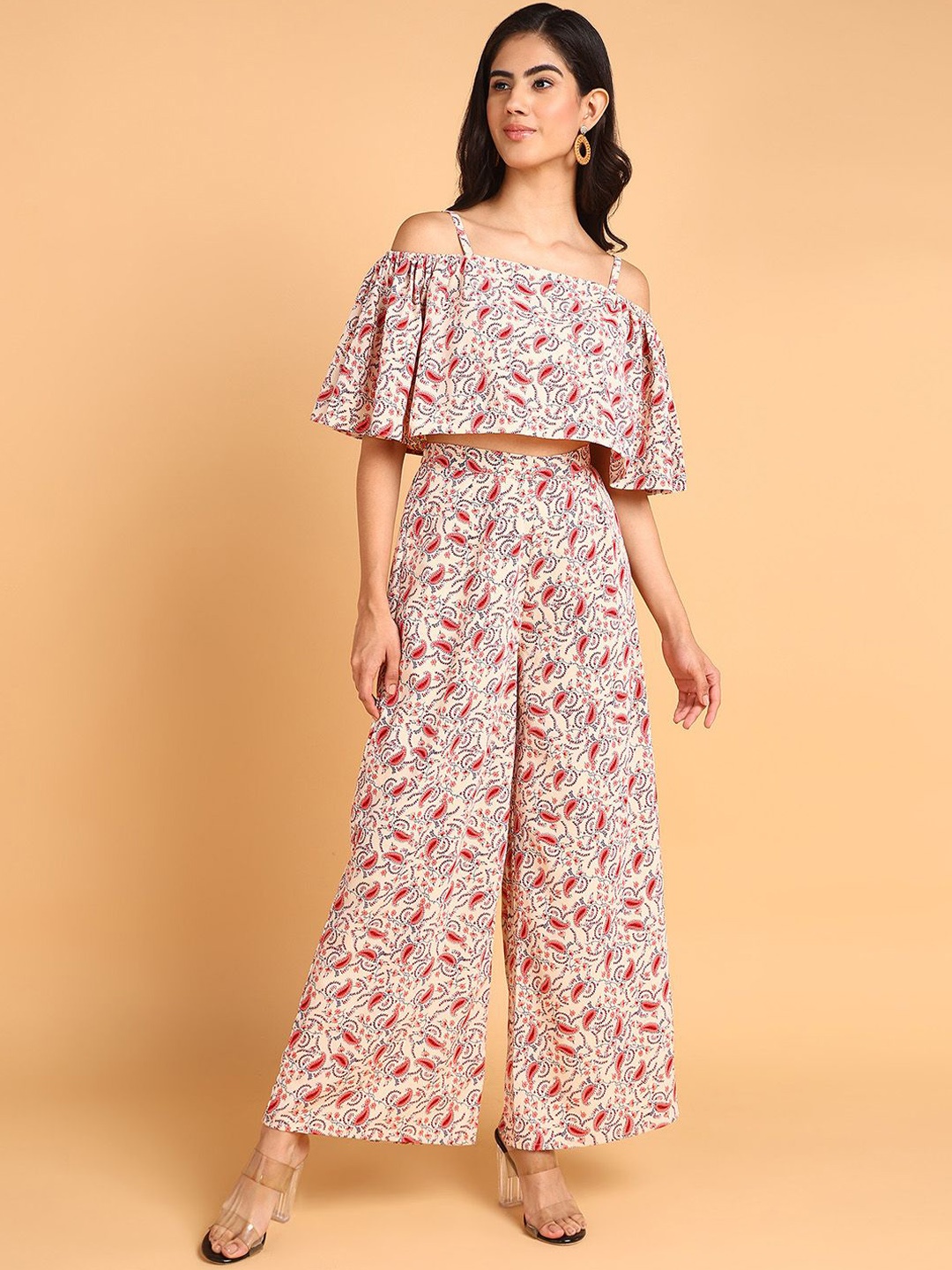 

DressBerry Cream Printed Off-Shoulder Short Sleeves Top With Palazzo