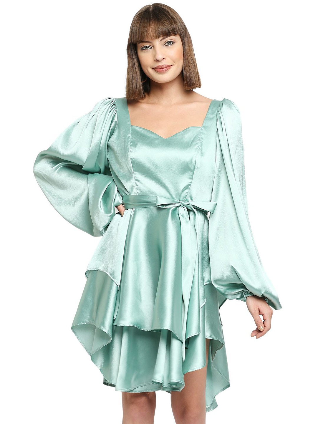 

AMMARZO Women Bishop Sleeves Satin Fit & Flare Above Knee Dress, Sea green