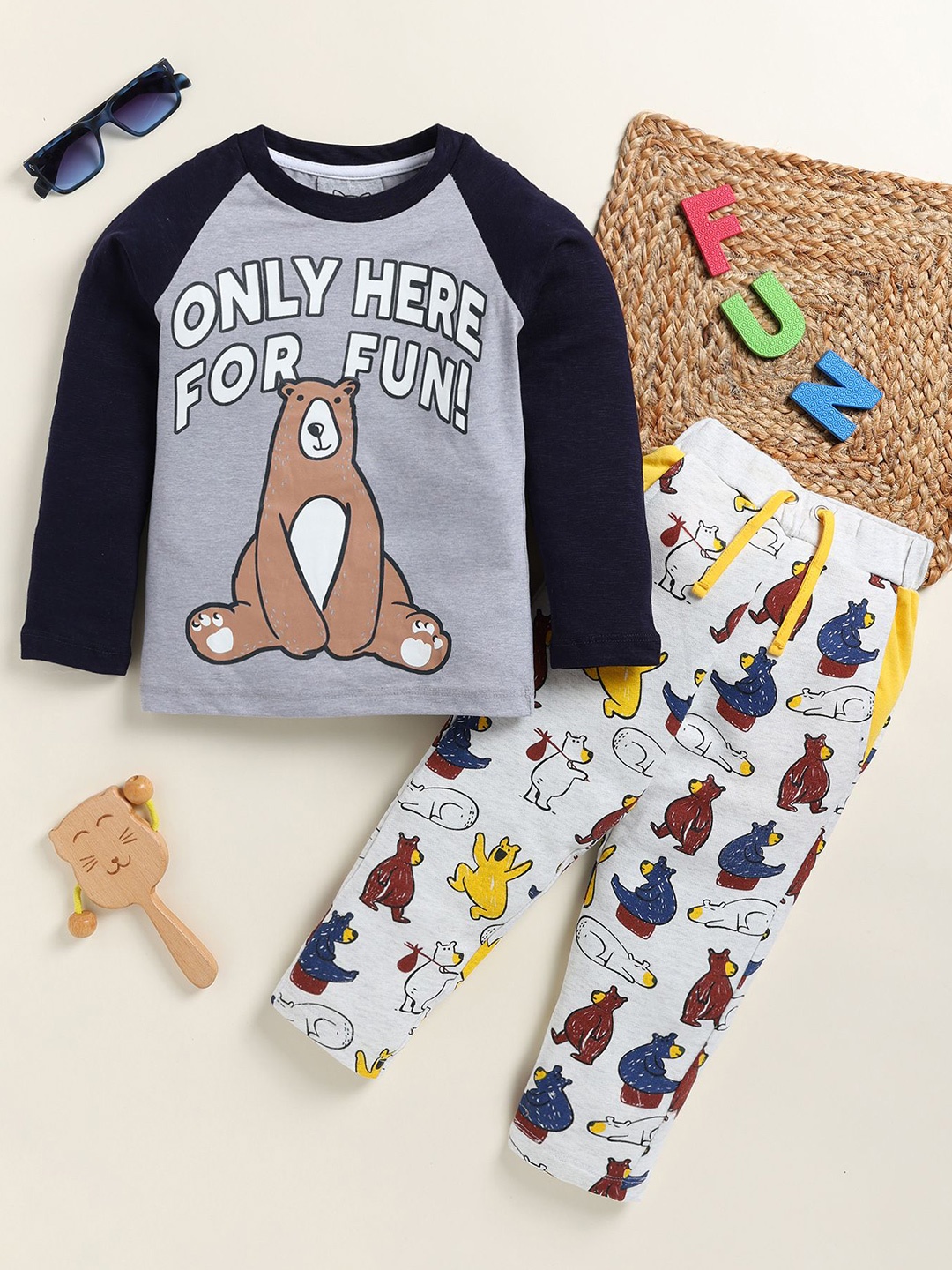 

YK Bear & Text Printed Long Sleeve Night Suit, Grey