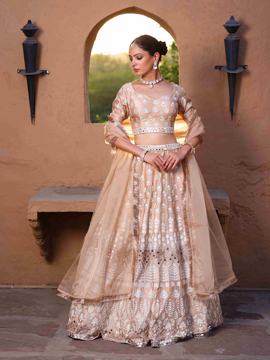 

The Front Row Embellished Ready to Wear Lehenga & Blouse With Dupatta, Beige