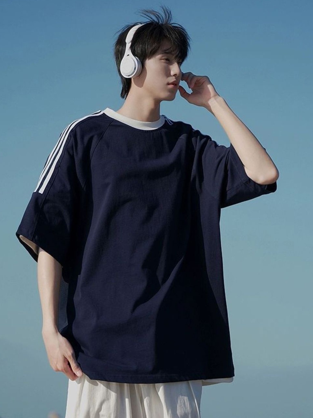 

HERE&NOW Men Striped Round Neck Cotton Oversized T-shirt, Navy blue