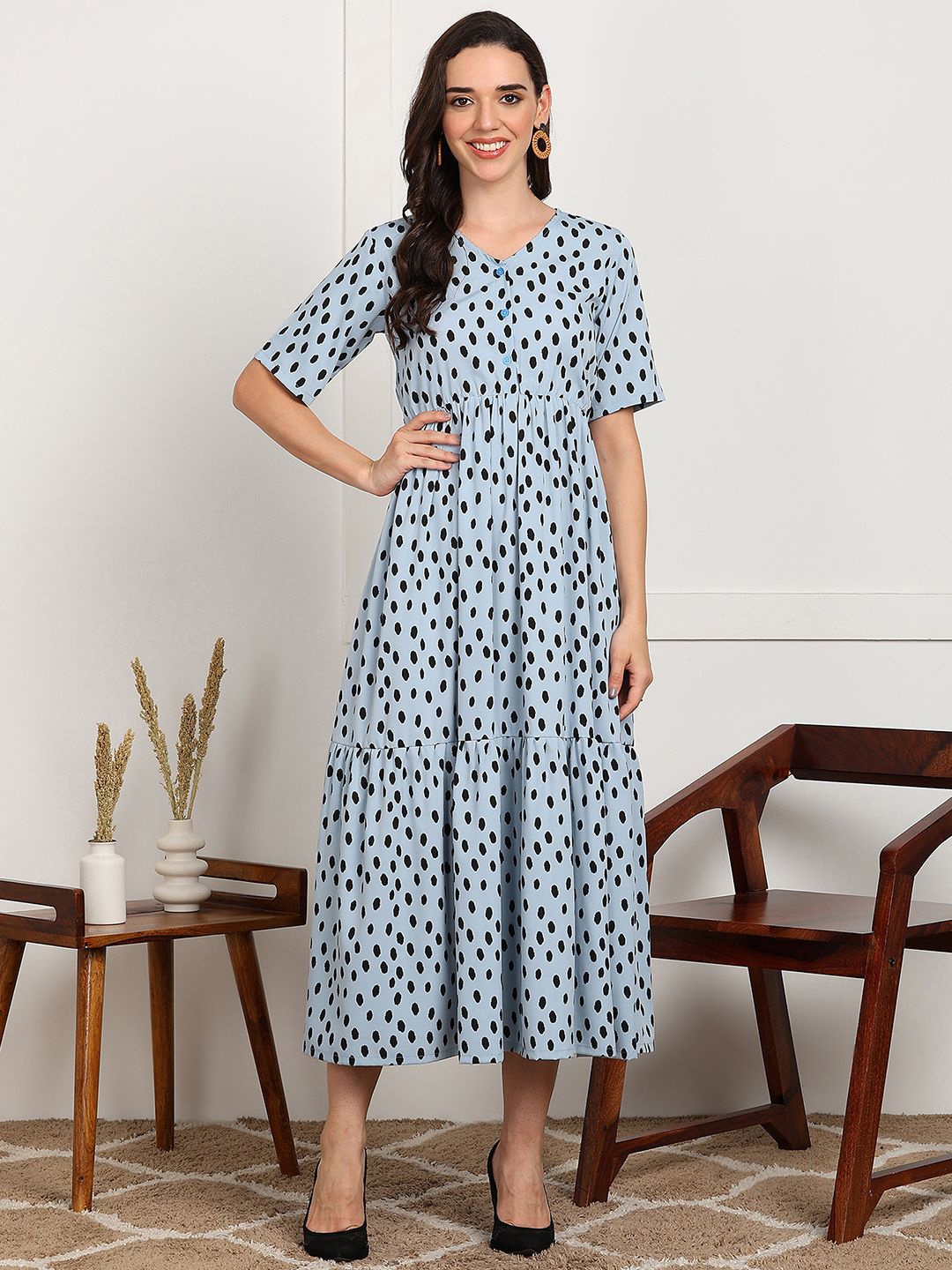 

DressBerry Polka Dot Printed Tiered Fit & Flare Midi Dress, Blue