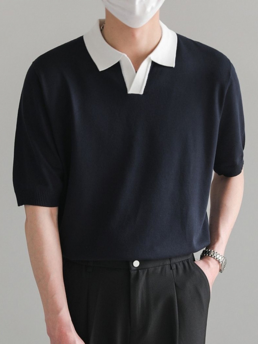 

HERE&NOW Men Solid Polo Collar T-shirt, Navy blue