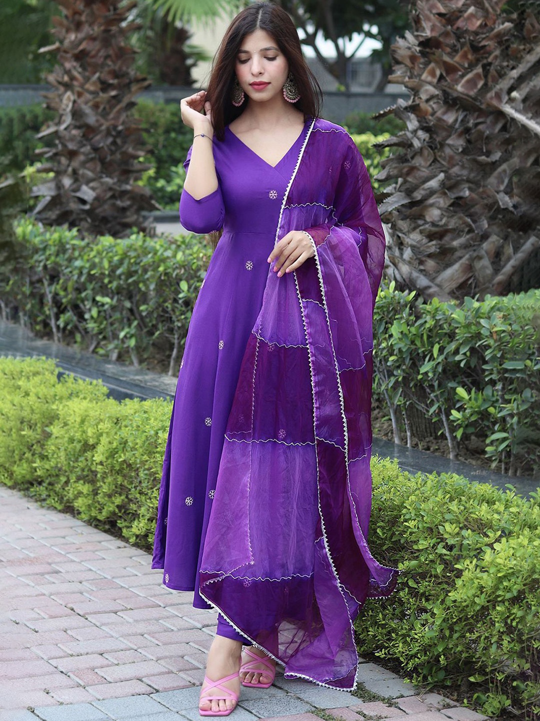 

Royal Export Floral Embroidered V-Neck Anarkali Kurta With Trousers & Dupatta, Purple