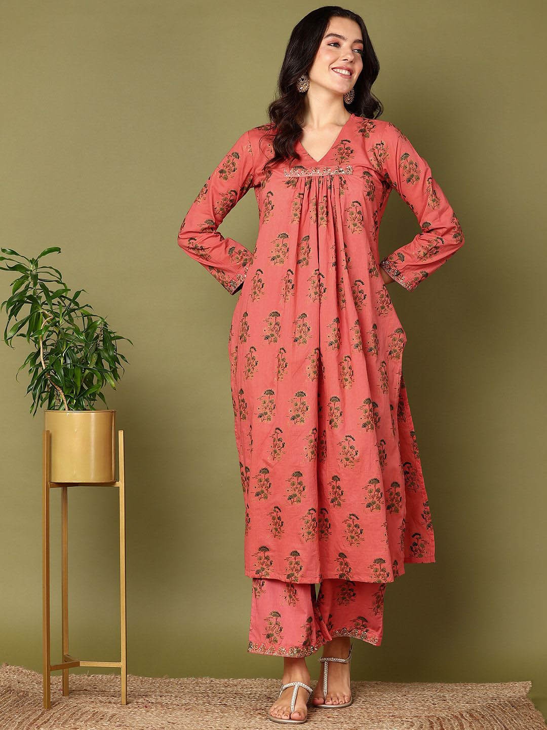 

HERE&NOW Floral Printed Empire Pure Cotton A-Line Kurta with Palazzos, Coral