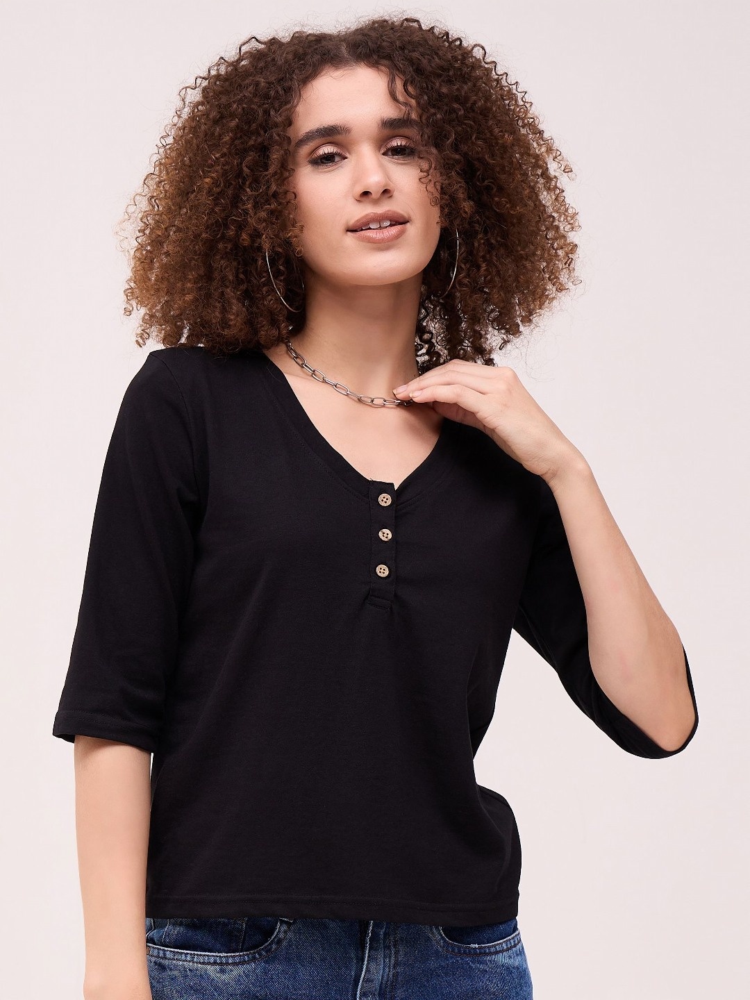 

Mayra Women Solid V-Neck Cotton T-shirt, Black