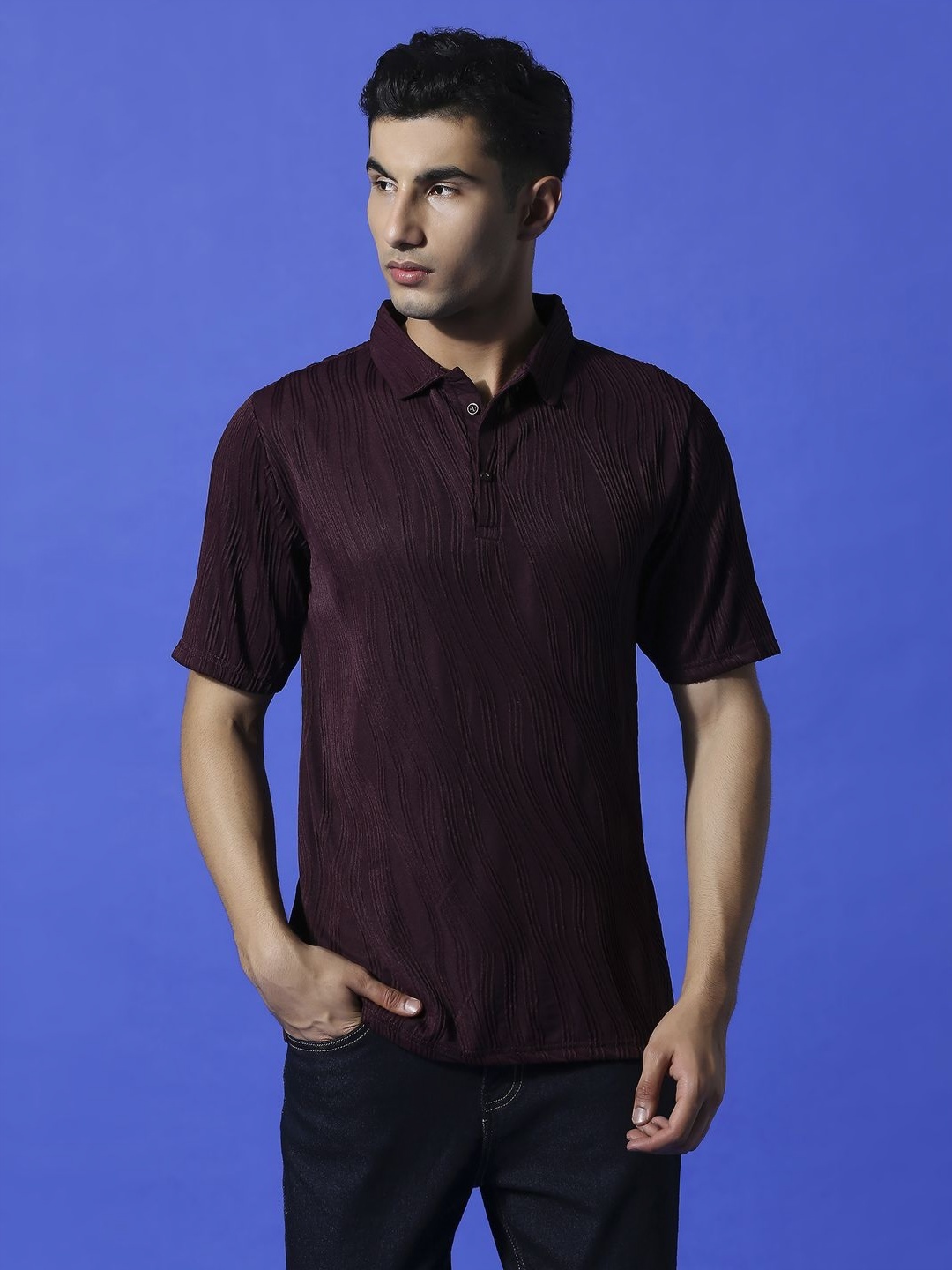 

HERE&NOW Men Self Design Polo Collar Cotton Oversized T-shirt, Burgundy