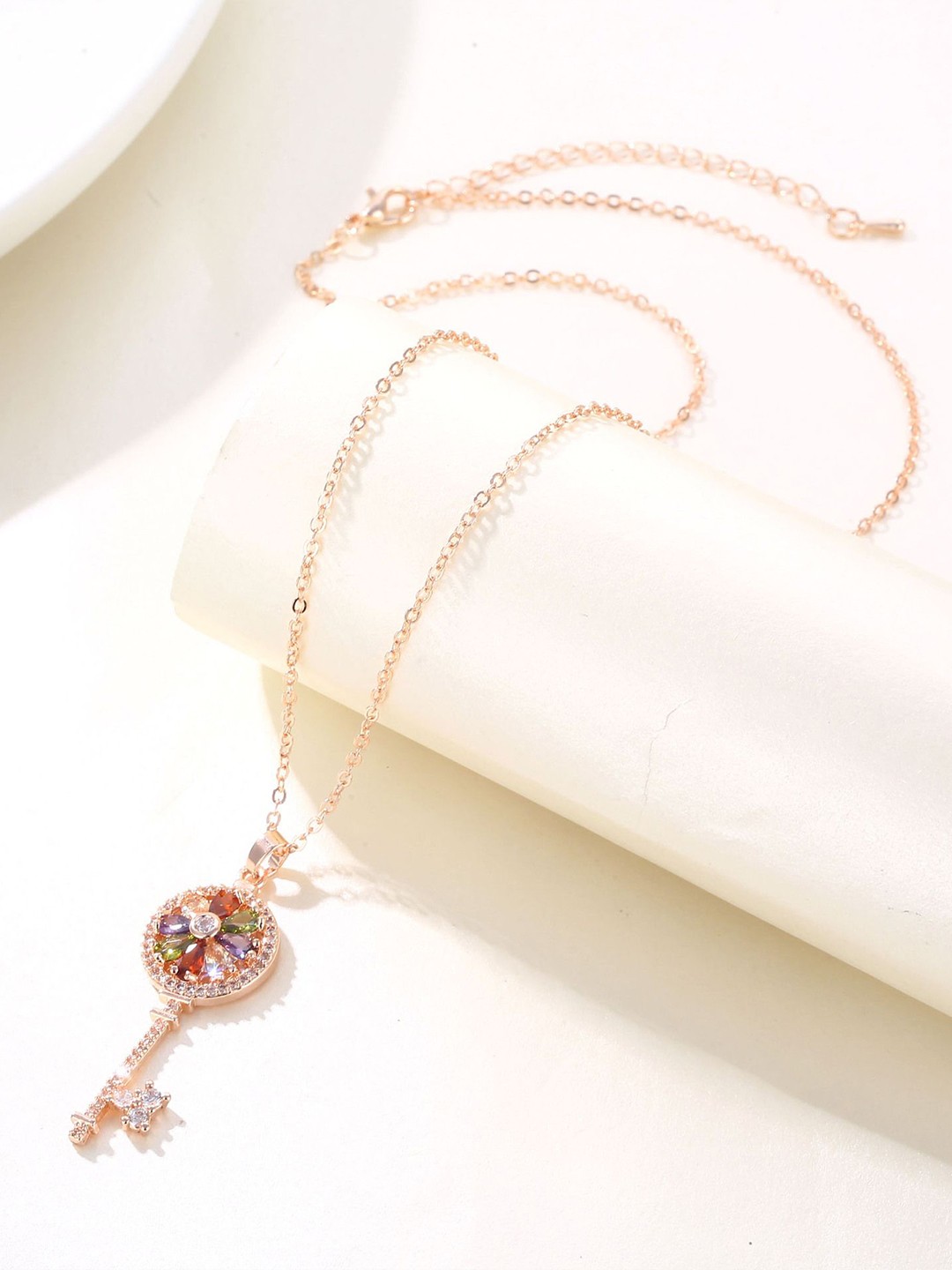 

DressBerry Rose Gold-Plated Stone Studded Key-Shaped Pendant With Chain