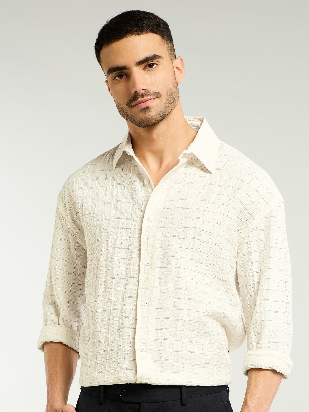 

Beyoung Men Spread Collar Textured Cotton Relaxed Fit Casual Shirt, Cream