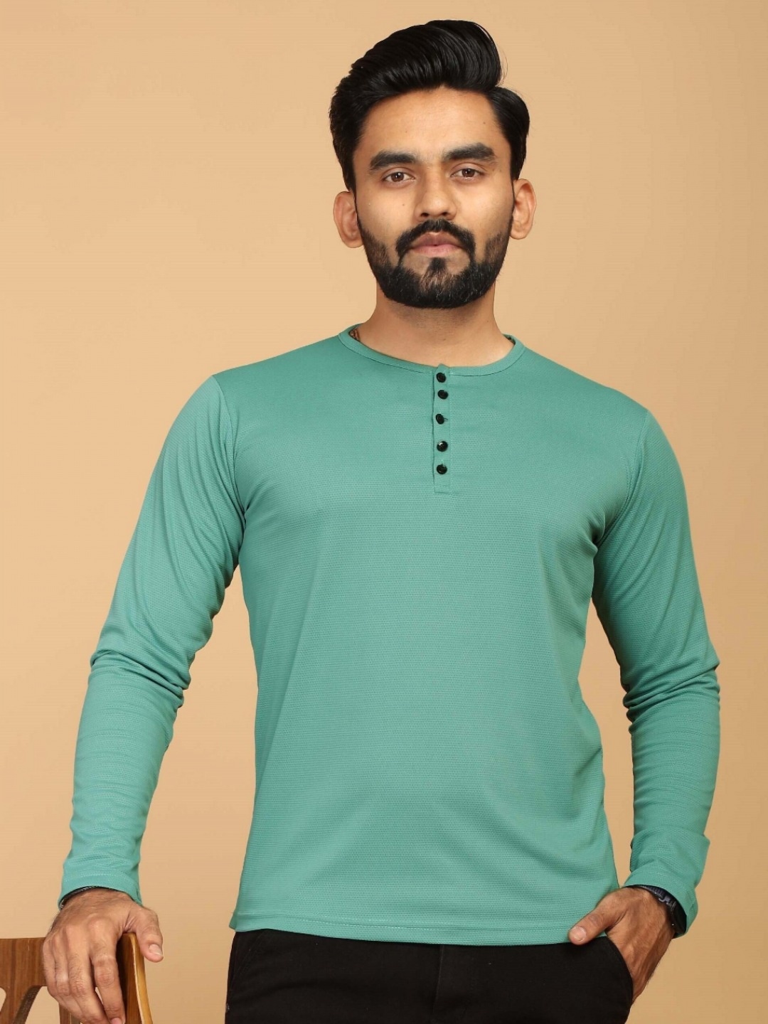 

STI Men Solid Henley Neck T-shirt, Teal