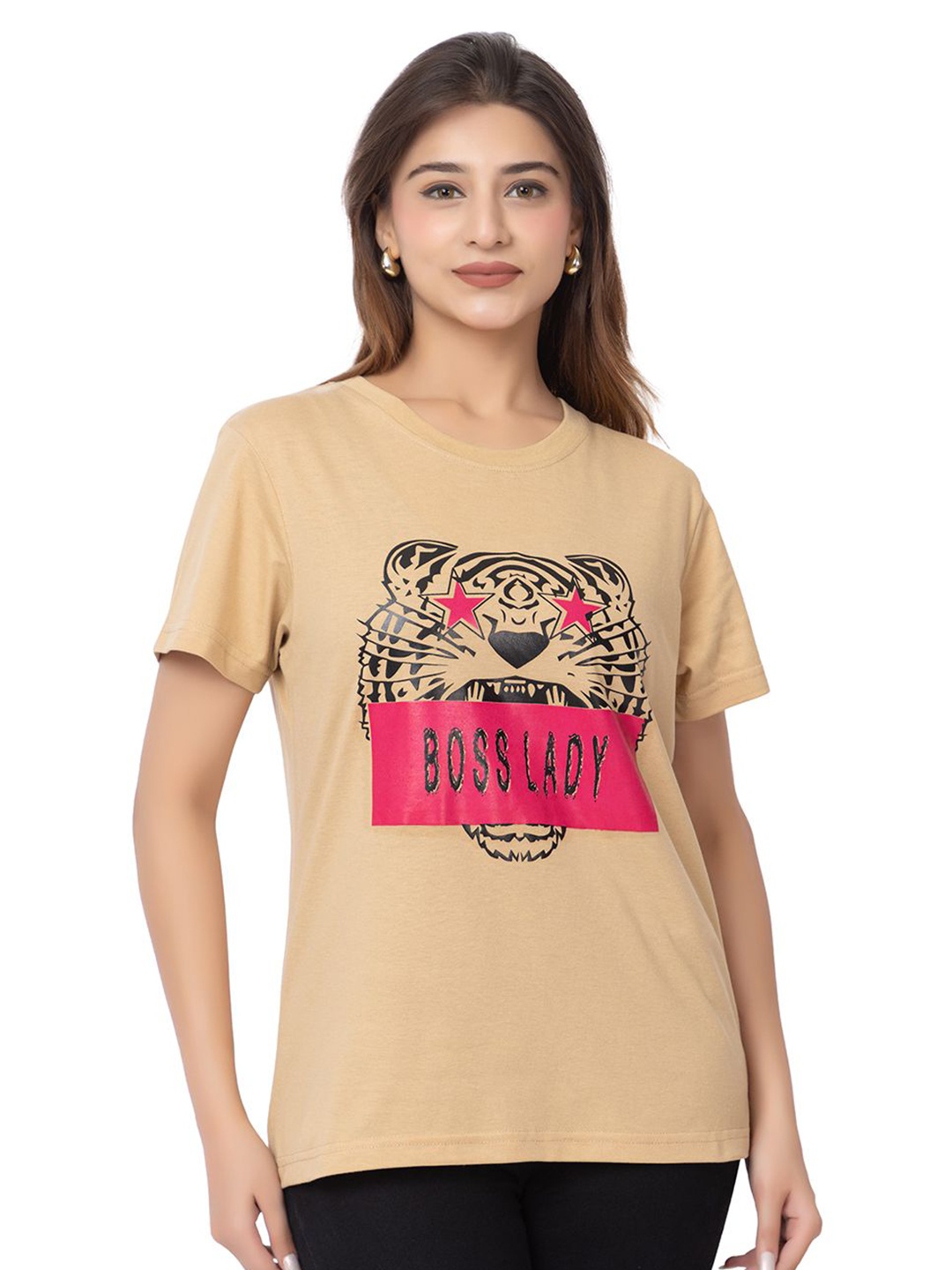 

HILFIRE REGION Women Graphic Printed Round Neck Cotton T-shirt, Beige