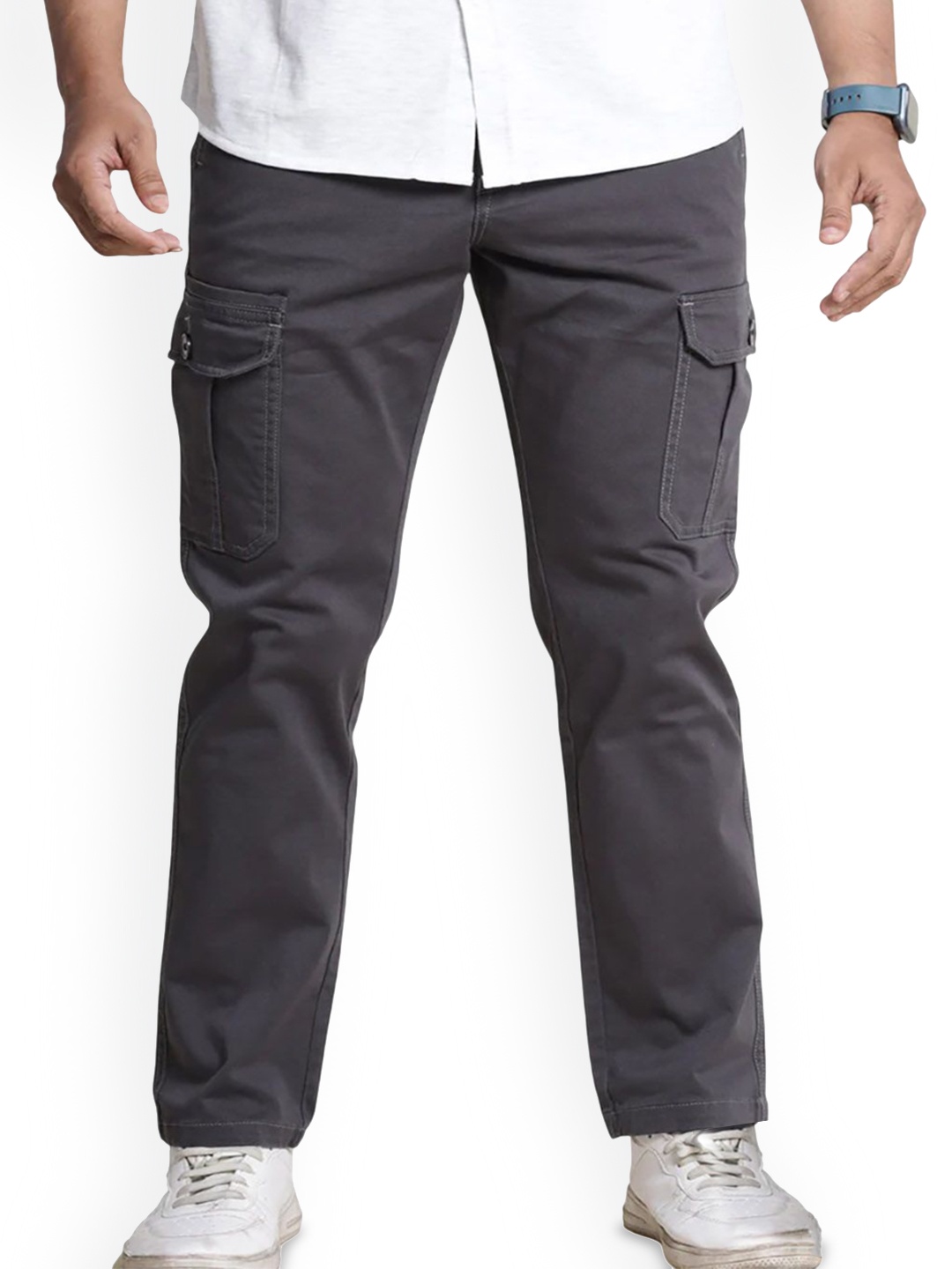 

Muffynn Men Pure Cotton Mid Rise Classic Cargos Trousers, Grey