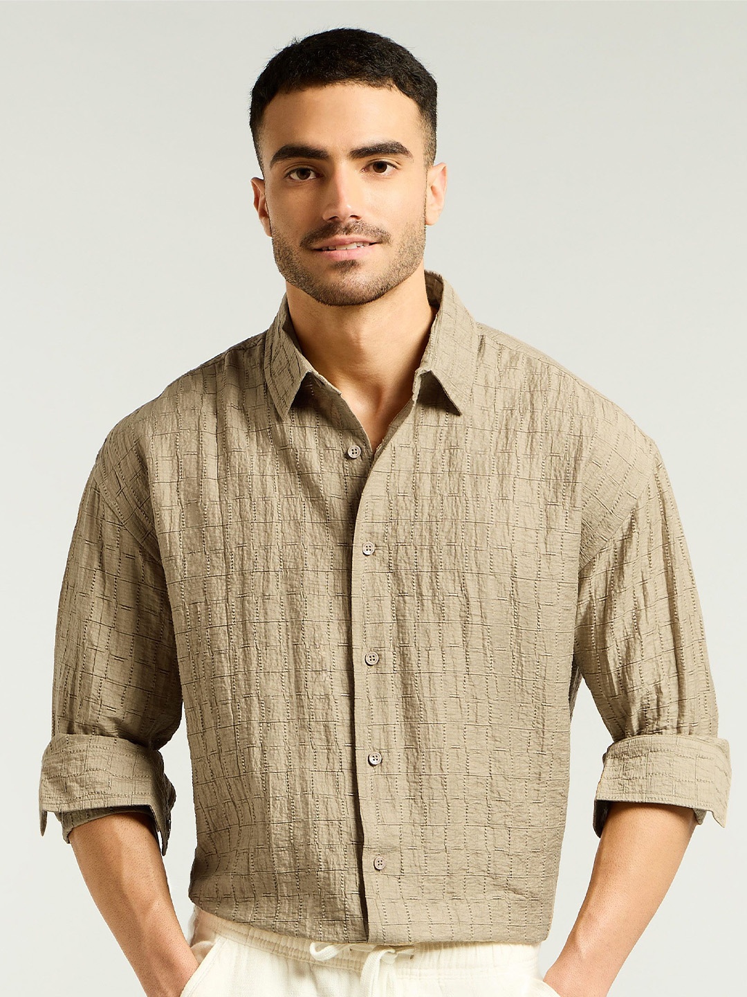 

Beyoung Men Spread Collar Textured Cotton Relaxed Fit Casual Shirt, Khaki