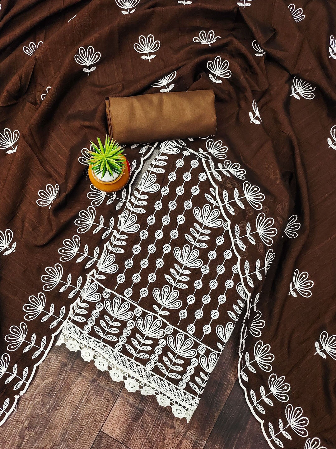 

JULEE Floral Embroidered Sequinned Pure Silk Unstitched Dress Material, Brown