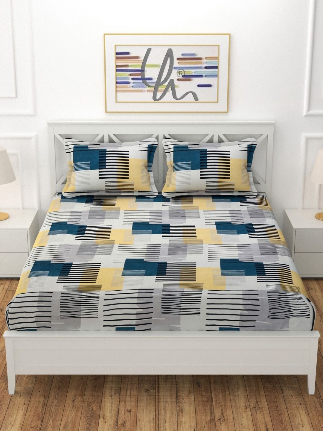 

YaAkholic Yellow & White Geometric 210 TC King Bedsheet with 2 Pillow Covers