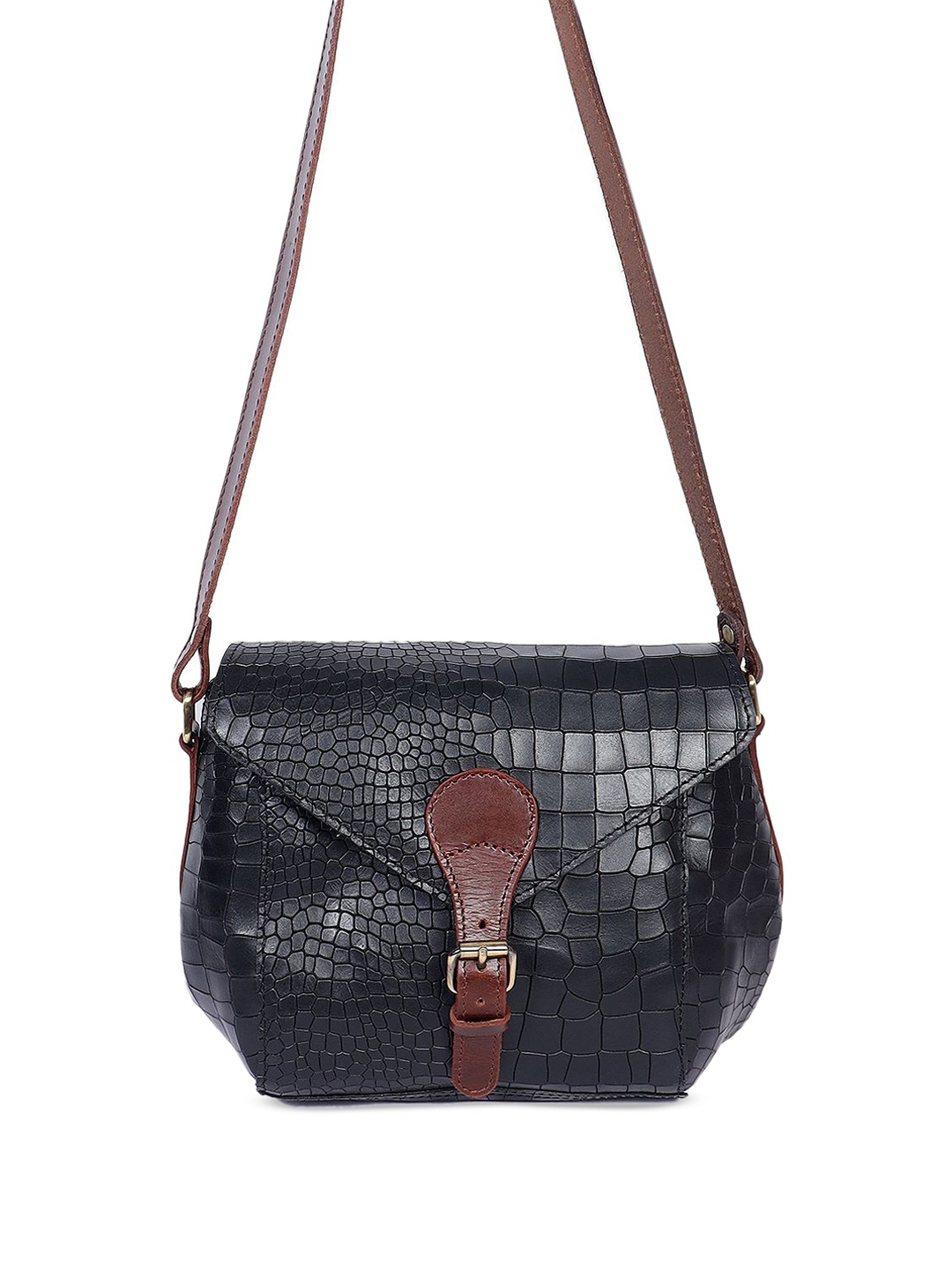 

Celtic Women Self Design Leather Swagger Sling Bag, Black