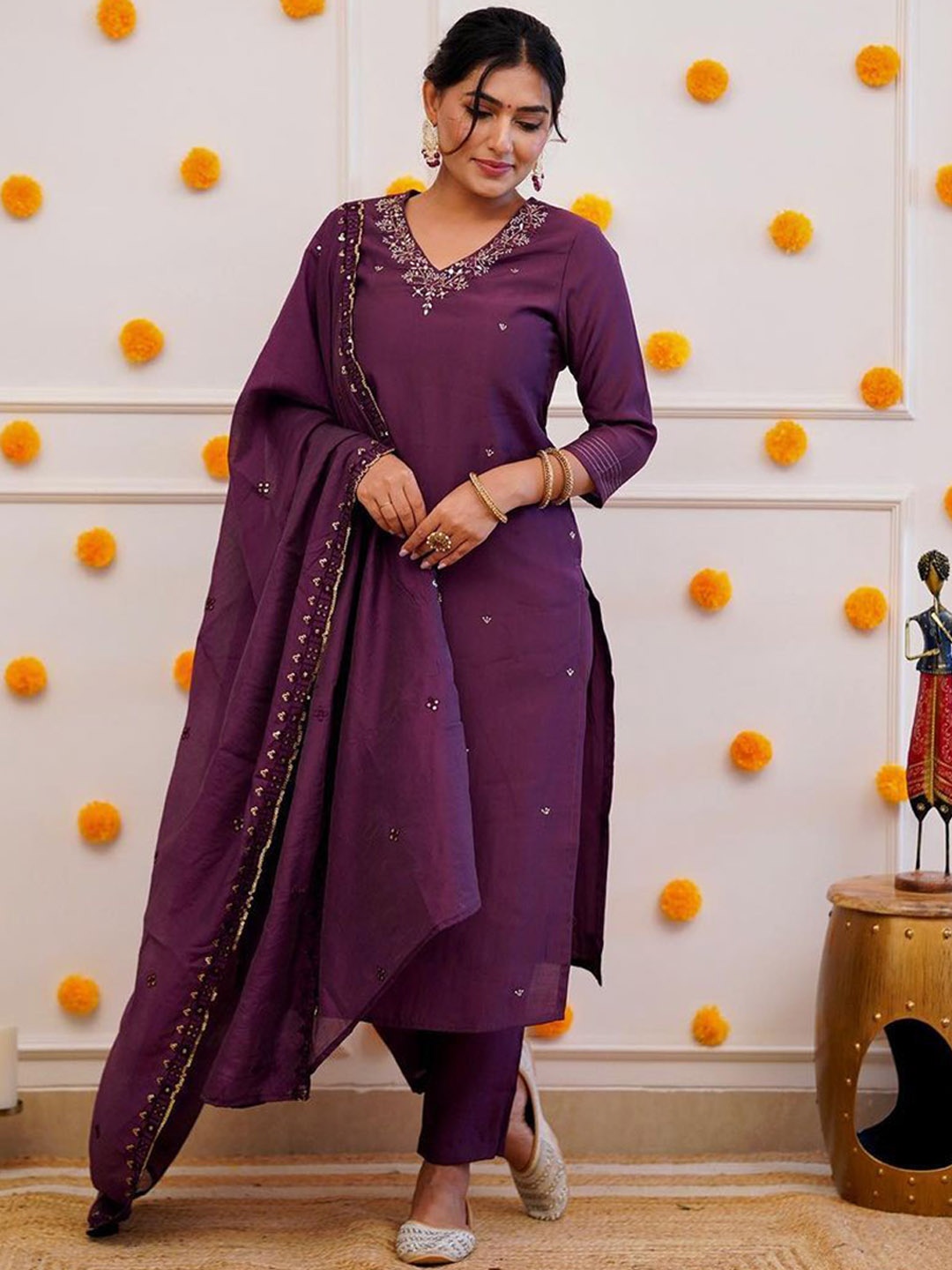 

Rujave Floral Embroidered Sequined Raw Silk Kurta With Trousers & Dupatta, Burgundy