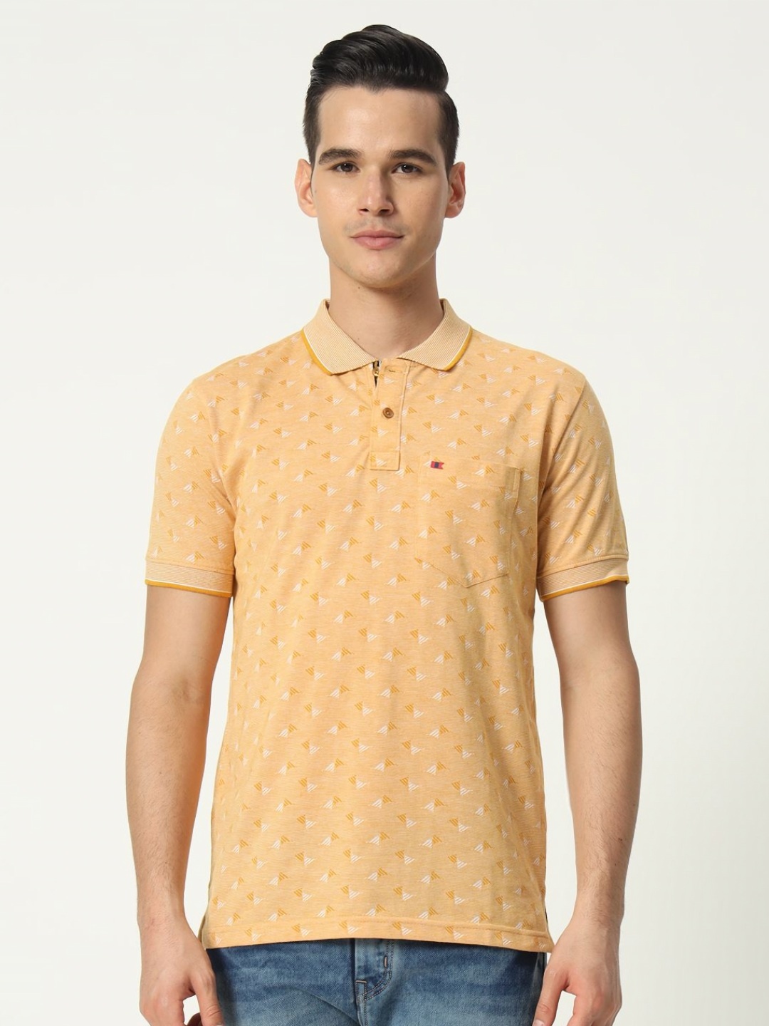 

TAB91 Men Geometric Printed Polo Collar Cotton T-shirt, Yellow
