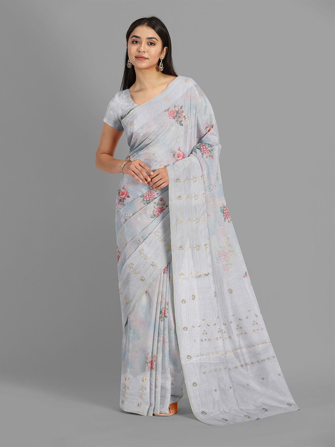 

The Chennai Silks Floral Zari Pure Cotton Muga Saree, Grey