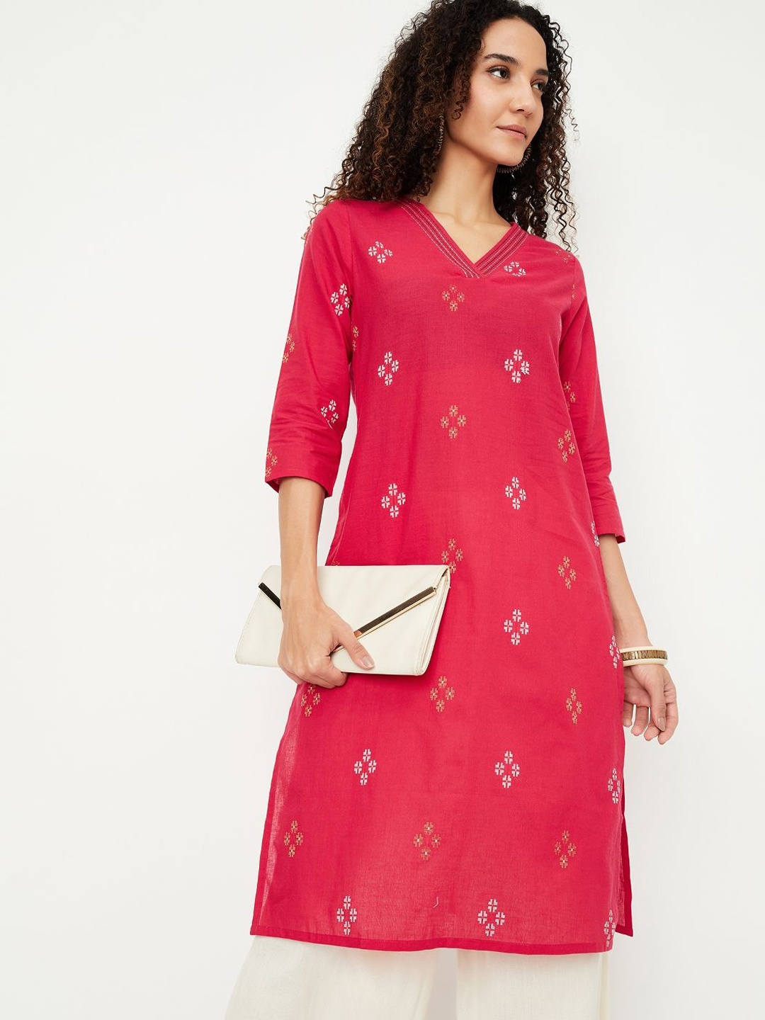 

max Geometric Printed Regular Cotton Straight Kurta, Pink