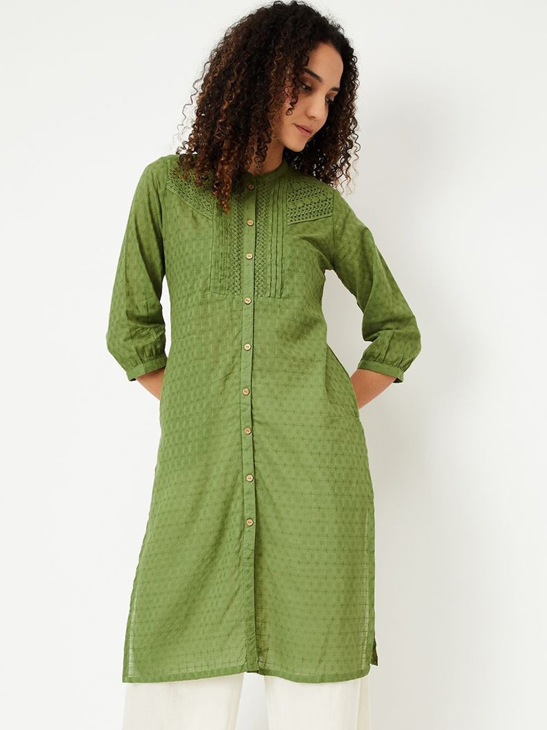 

max Floral Embroidered Mandarin Collar Pure Cotton Straight Kurta, Olive