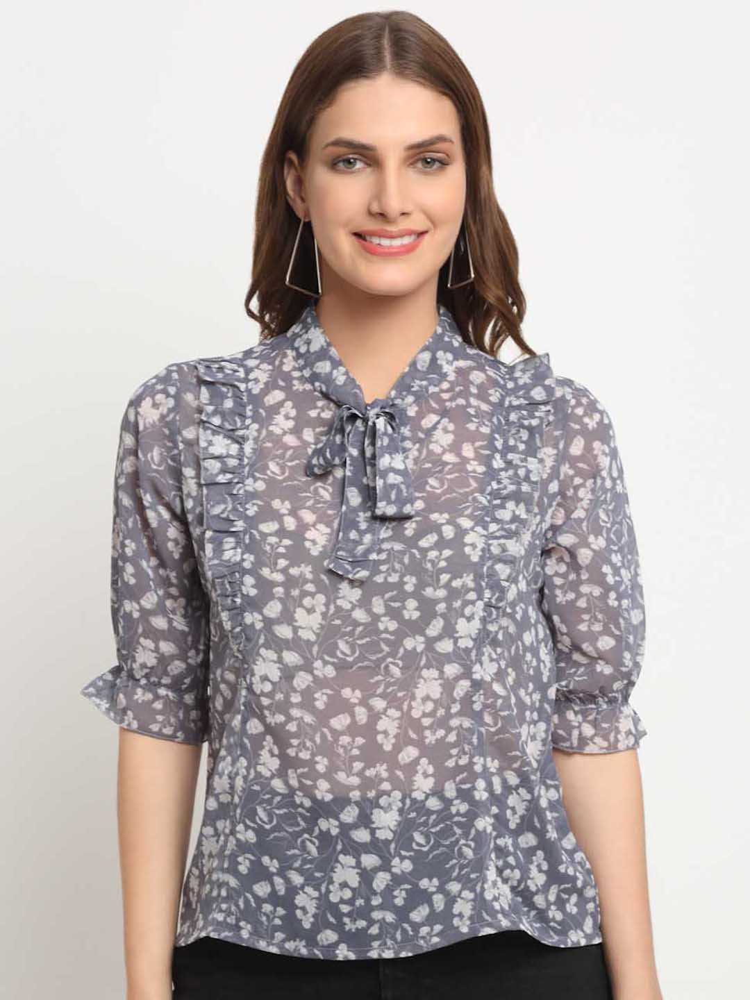 

KALINI Floral Print Tie-Up Neck Bell Sleeve Top, Grey