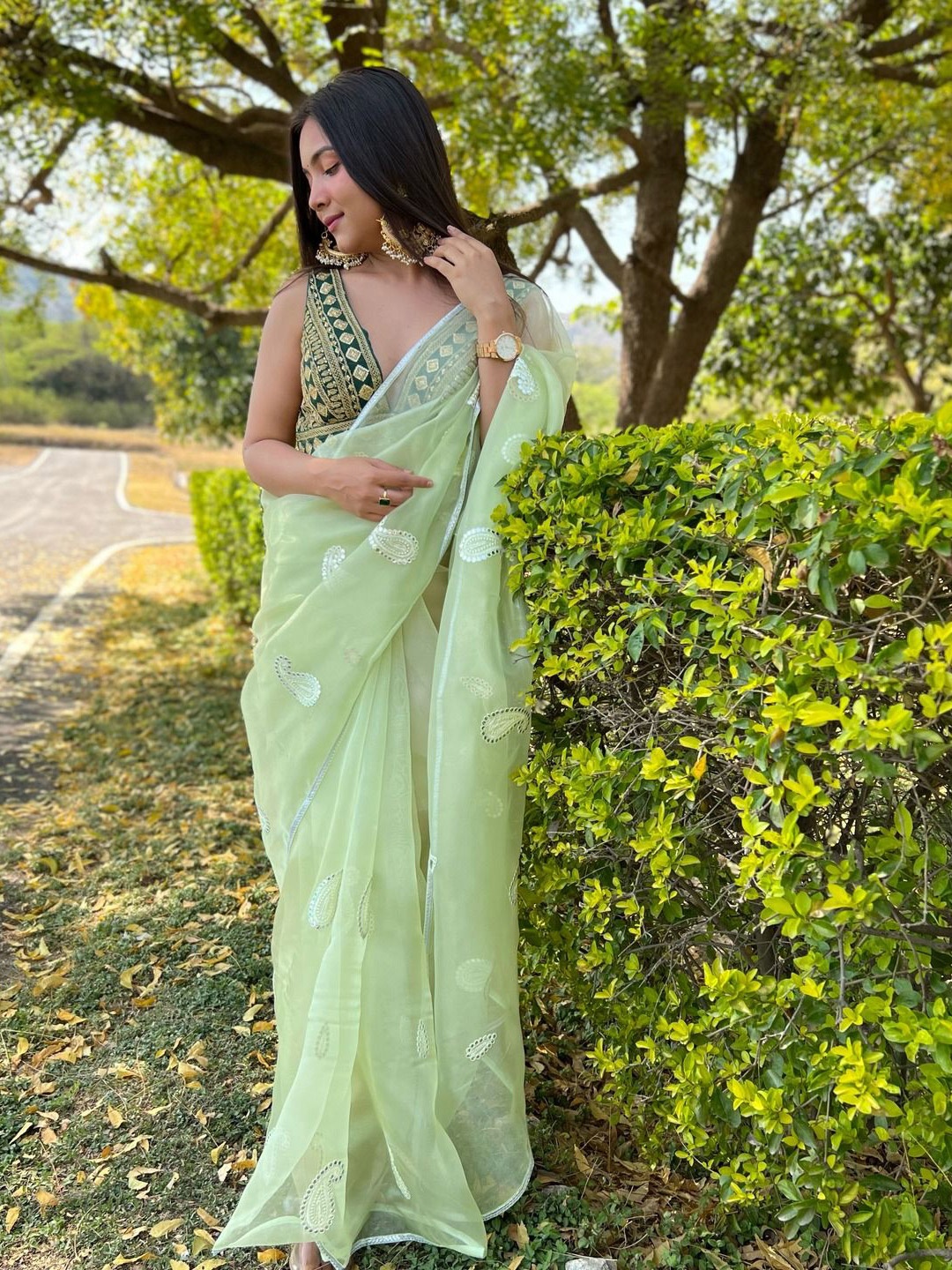 

Anouk Paisley Embroidered Organza Saree, Green